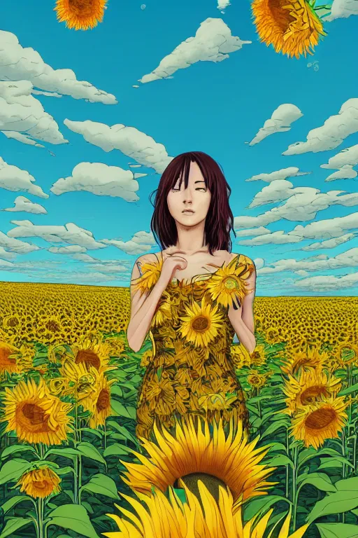 Prompt: yuuka kazami woman standing in a sunflower field, detailed upper body, beautiful face, detailed eyes, by dan mumford, trending on artstation, psychedelic, lsd