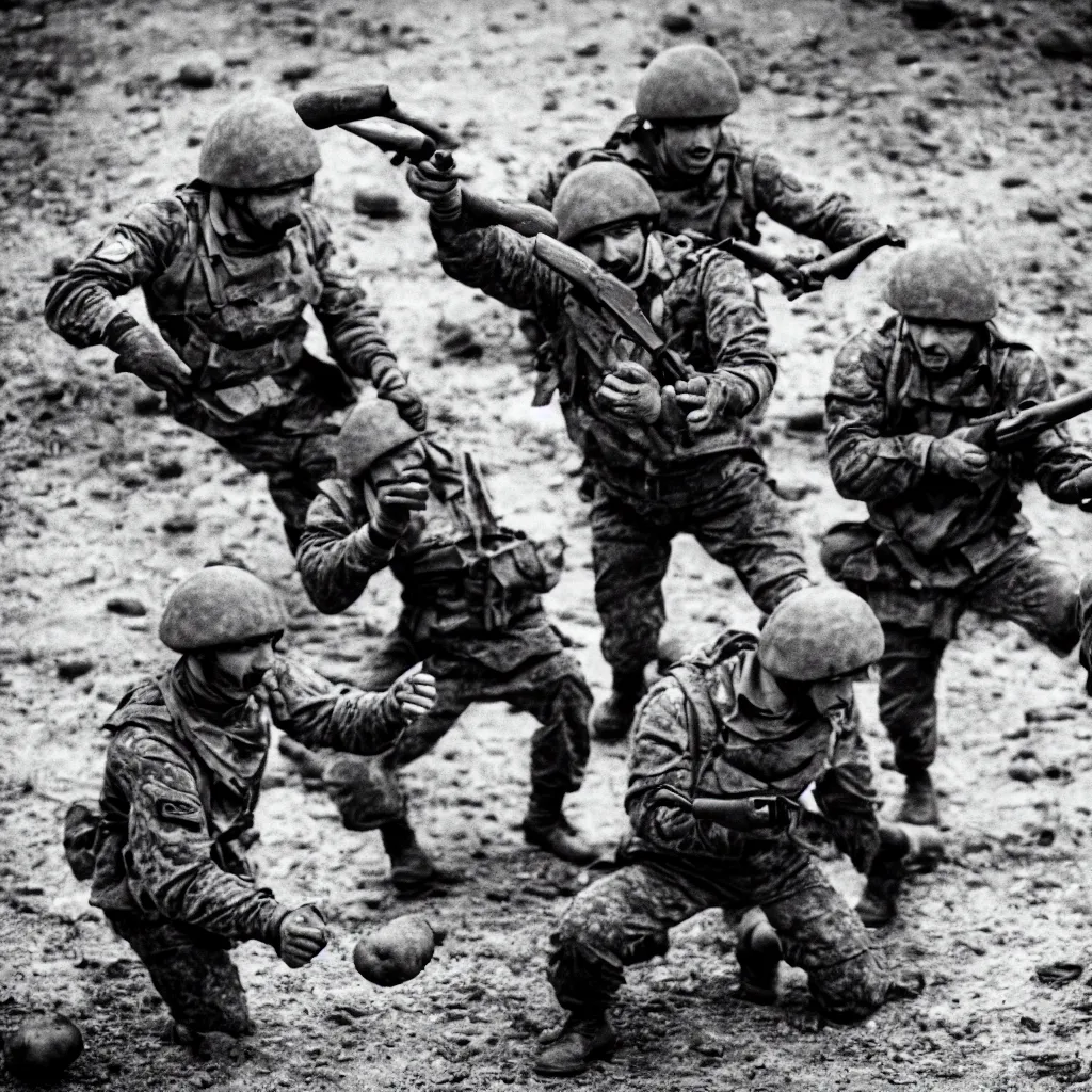 Image similar to soviet spetsnaz soldiers throwing potatoes, black and white, retro, very detailed, 4 k, professional photography