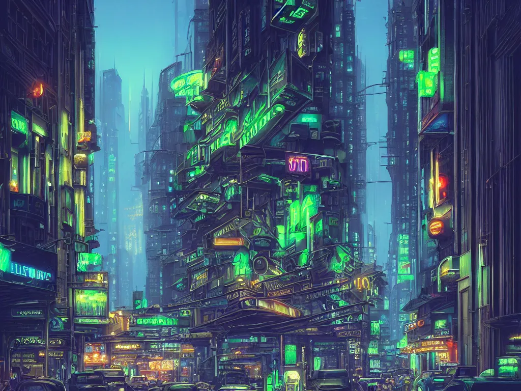 Prompt: hyperrealistic matte painting of a city street at night underneath grand buildings, art deco architecture, by hugh ferris, noriyoshi ohrai, john harris, neon signs, blue and green color scheme, gritty, fine detail, polished, sharp focus, octane, cgsociety, trending on artstation