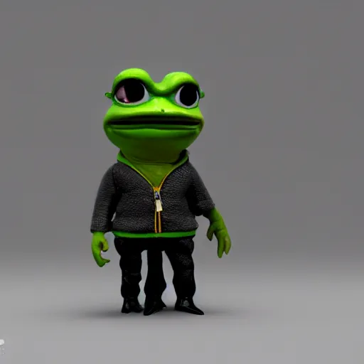 Image similar to perfectly accurate miniature figure of pepe the frog wearing jeans and a black leather jacket, soft textures, skin texture, clothing, 3d sculpture, textured, fine detail, lifelike, photo, high resolution, octane render, post processing, after effects, trending on artstation