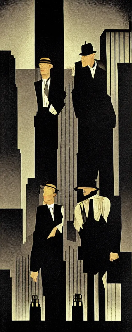 Image similar to two suspicious men in a parked a car in front of a very tall building, desert street, late at night, dimly lit, gangster, film noir, upscale 1920, relaxed poose, art deco, artwork by coles phillips, post processing, intricate, grim yet sparkling atmosphere, beautifully detailed render, post-processing, extremely hyperdetailed, 8k octane beautifully detailed render, intricate, epic composition,cinematic lighting, art nouveau