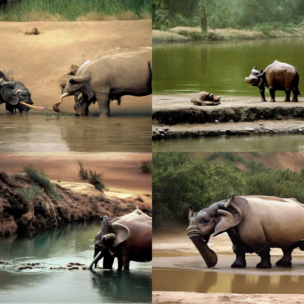 Prompt: A bantha drinking from a river, on a rainy day at Tatooine, award winning nature photography by National Geographic