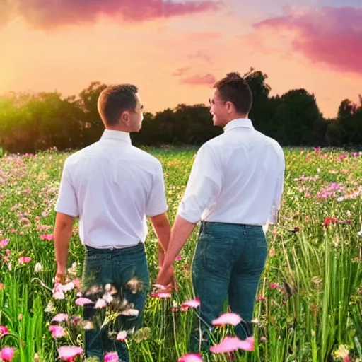 Image similar to a gay couple holding hands in a field of flowers at sunset, realistic, intricate, 4k