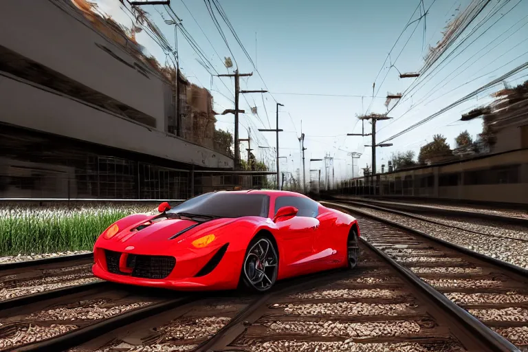 Prompt: HD luxury render of a car made of deep fried spaghetti on train tracks, product photo, rendered in unreal engine 6, clean luxury sports car, spaghetti, 4k