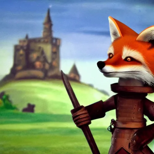 Image similar to anthropomorphic fox!! who is a medieval knight holding a swo - rd towar - ds a stormy thundercloud [ 1 9 3 0 s film still ], ( castle in the background )