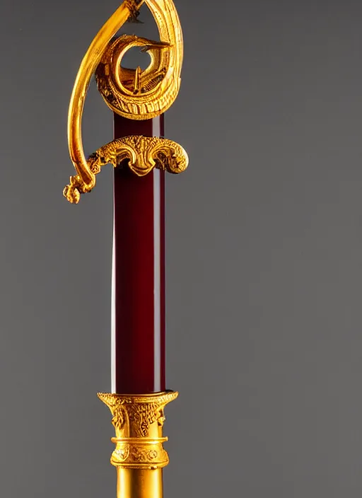 Image similar to 500mm photo of a dark red liquid blade sword with a golden handle, museum exhibit