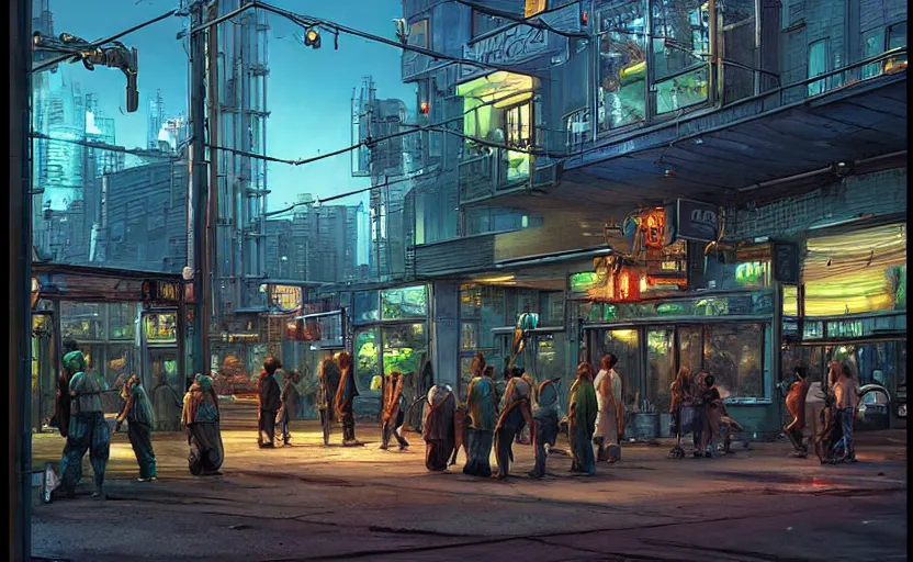 Prompt: a biopunk streetcorner environment, large crowd, simplicity, spare, minimalist, glass panes, billboards, glowing lights, dramatic lighting, photorealism, unreal engine, art by michael whelan and chris moore and howard david johnson and tim white and dan giancola