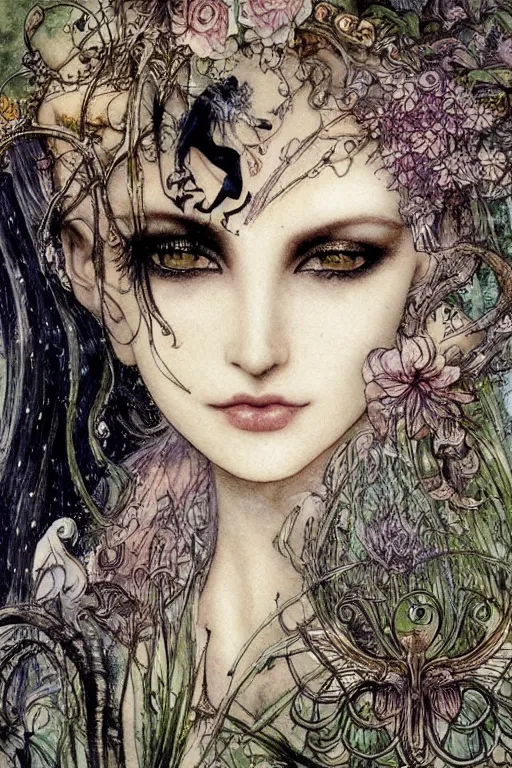 dark fairy queen closeup face surrounded by floral | Stable Diffusion