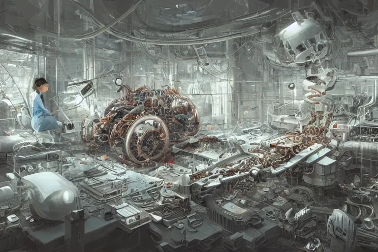 Image similar to hyperrealistic photography of a machine being constructed by a female scientist in the style of Jin Kagetsu, James Jean and wlop, highly detailed, masterpiece, award-winning, sharp focus, intricate concept art, digital painting, ambient lighting, 4k, artstation