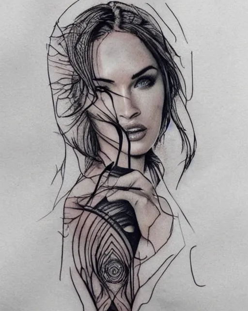 Prompt: double exposure effect tattoo design sketch of megan fox and beautiful mountains, realism tattoo, in the style of matteo pasqualin, amazing detail, sharp
