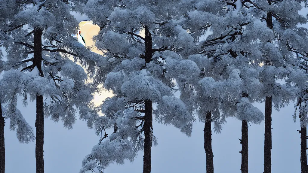 Image similar to Pine tress full of snow, lit by a full moon