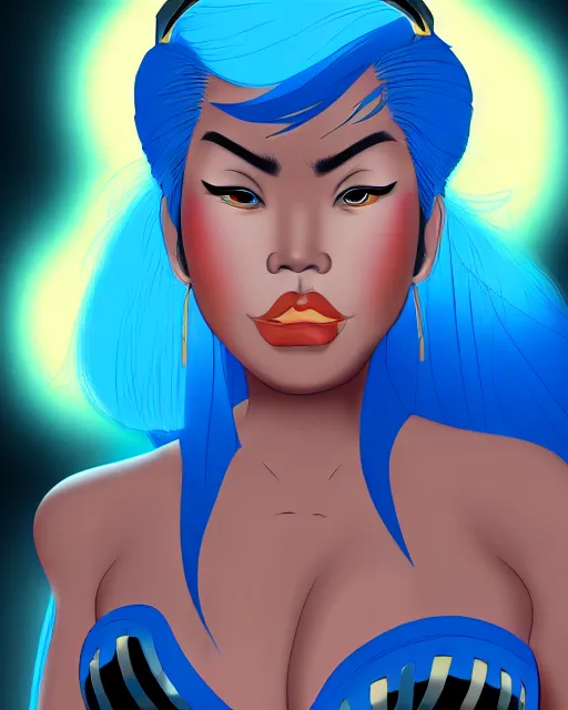 Prompt: welcoming heavy filipina woman character portrait, by don bluth, electric blue hair, wearing dark - blue, sci - fi environment, highly detailed, dynamic shadows, 4 k, wallpaper - 1 0 2 4