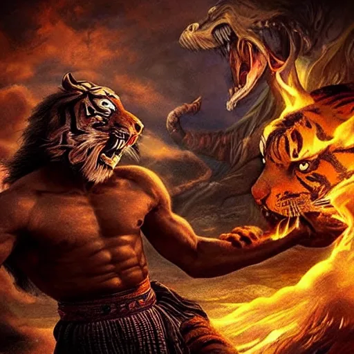 Prompt: “an 8k uhd photorealistic picture of Bahubali fighting a demon tiger at the gates of hell”