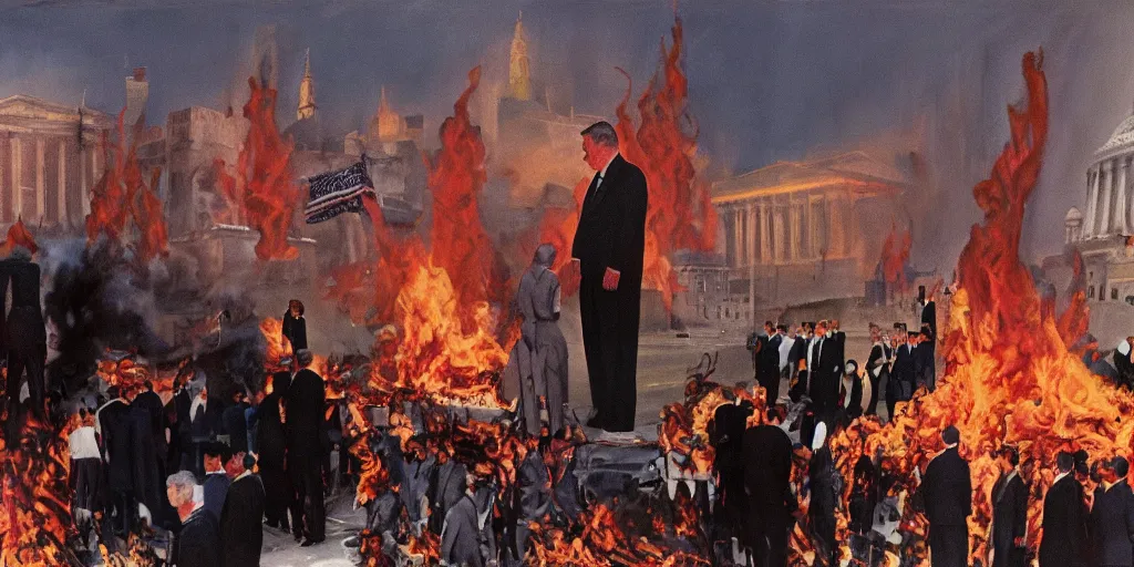 Prompt: United States President viewing the Capital Burn, 1958, Oil on Canvas, Antiwar, full body, dramatic, surreal, digital art