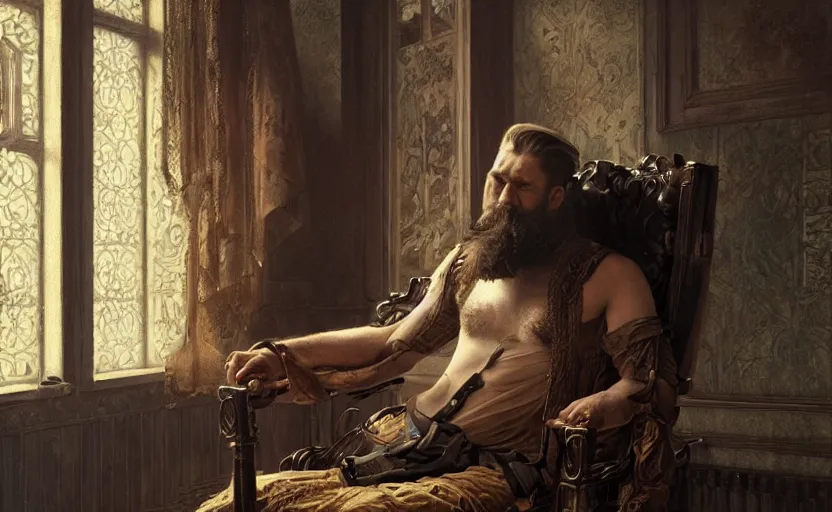 Prompt: portrait painting of a bearded man recling in a chair in a dark den room, ultra realistic, concept art, intricate details, serious, highly detailed, photorealistic, octane render, 8 k, unreal engine. art by artgerm and greg rutkowski and alphonse mucha