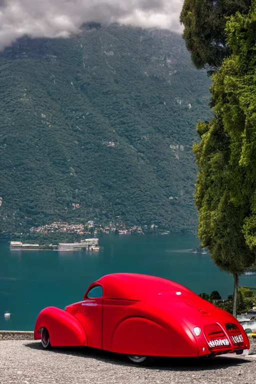 Image similar to Photo of a red 1939 Delahaye parked on a dock with Lake Como in the background, wide shot, daylight, dramatic lighting, award winning, highly detailed, 1980s, luxury lifestyle, fine art print, best selling.