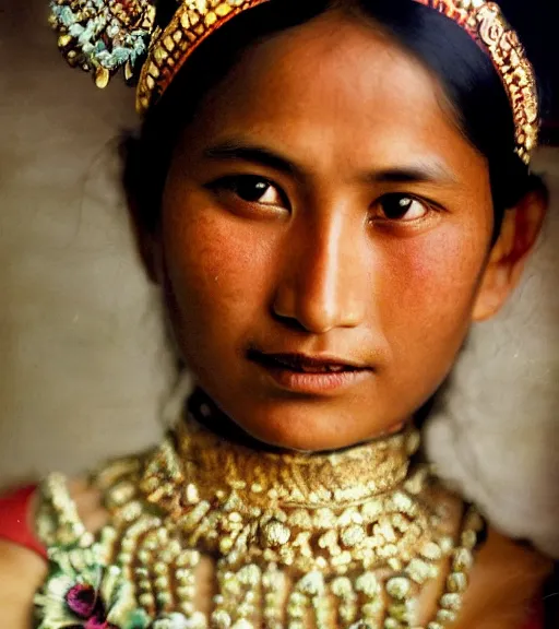 Image similar to vintage_closeup portrait_photo_of_a_stunningly beautiful_nepalese_maiden with amazing shiny eyes in the himalayan mountains by Annie Leibovitz