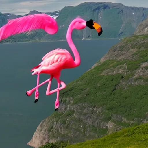 Prompt: a norwegian general surgeon riding flying pink flamingo over fjord landscape