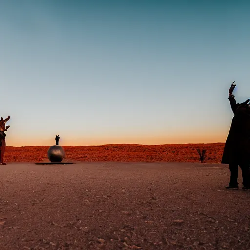 Image similar to photograph of three ravers, two men, one woman in a trenchcoat blessing the earth, seen from behind, talking around a fire, dancefloor kismet, diverse costumes, clean composition, desert transition area, bonfire, night, australian desert, xf iq 4, symmetry, sony a 7 r, 1 5 0 mp, 5 0 mm