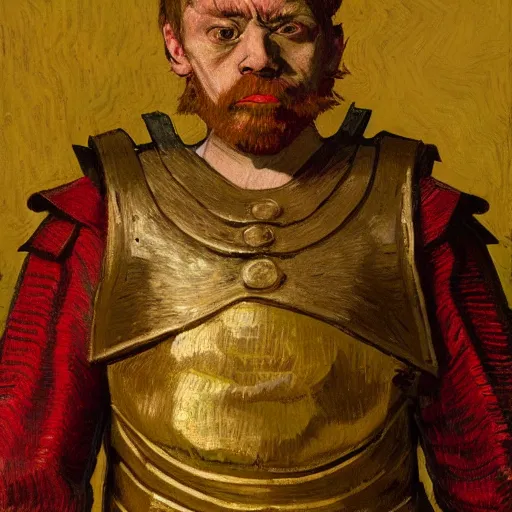 Image similar to Sam Hyde as a Roman warrior wearing gold and red armor, elegant suit, looking at bloody fist, portrait art by Vincent van Gogh, highly detailed, digital painting, concept art, illustration, dim lighting with twilight rays of sunlight, trending on artstation, very detailed, smooth, sharp focus, octane render, close up