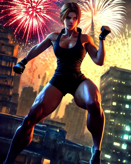 Image similar to gigachad jill valentine bodybuilder jumping in front of a fireworks show fighting in racoon city, fantasy character portrait, ultra realistic, anime key visual, full body concept art, intricate details, highly detailed by greg rutkowski, ilya kuvshinov, gaston bussiere, craig mullins, simon bisley