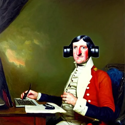 Image similar to george washinton playing call of duty and drinking mountain dew while screaming, oil painting