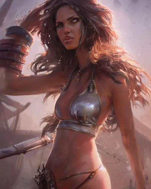 Image similar to A thick beautiful female warrior posing on a boat, bikini, beautiful face, close-up, fantasy woman, fantasy art, in the style of greg rutkowski, illustration, epic, fantasy, intricate, hyper detailed, artstation, concept art, smooth, sharp focus, ray tracing, profile shot