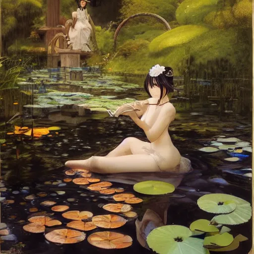 Image similar to isekai masterpiece drawn by bowater charlie, cabanel alexandre, james c. christensen, cornwell dean, of a beautiful anime girl sitting in a pond filled with lily pads and koi fish