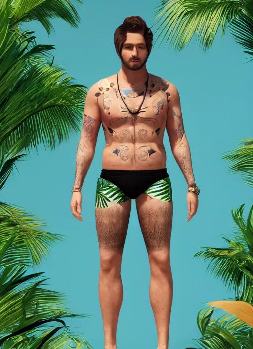 Image similar to 3 2 - year - old sporty man, short stubble, wearing tropical shirt and speedo, character design, octane render, 8 k, portrait