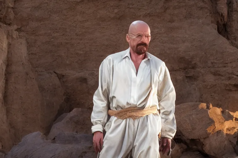 Image similar to cinematic still of Walter White in Aladdin (1992), XF IQ4, f/1.4, ISO 200, 1/160s, 8K, RAW, dramatic lighting, symmetrical balance, in-frame