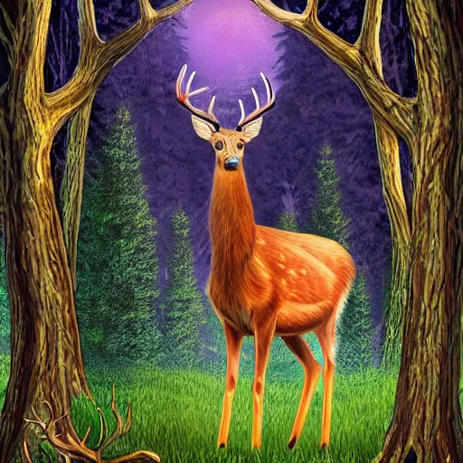 Image similar to A mystic deer with majestic antlers in an enchanted forest. Moonlight. Fireflies. Celtic fantasy style. Digital art.