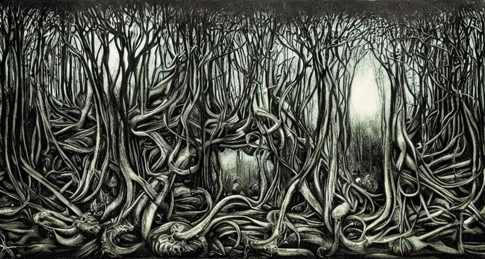 Image similar to Enchanted and magic forest, by HR Giger