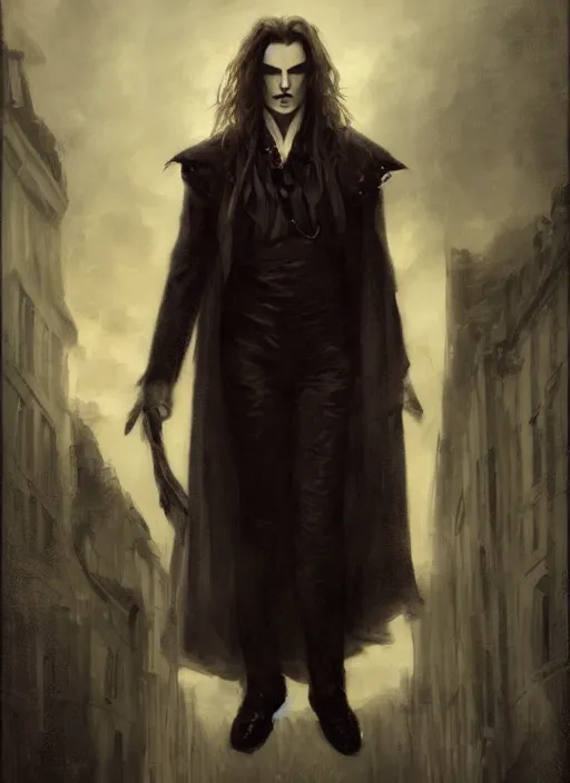 Image similar to portrait painting of the vampire lestat in paris, muscular male, long hair! long coat, elegant rugged handsome unreal render cinematic lighting art 1 8 9 0 period drama by bussiere rutkowski andreas rocha