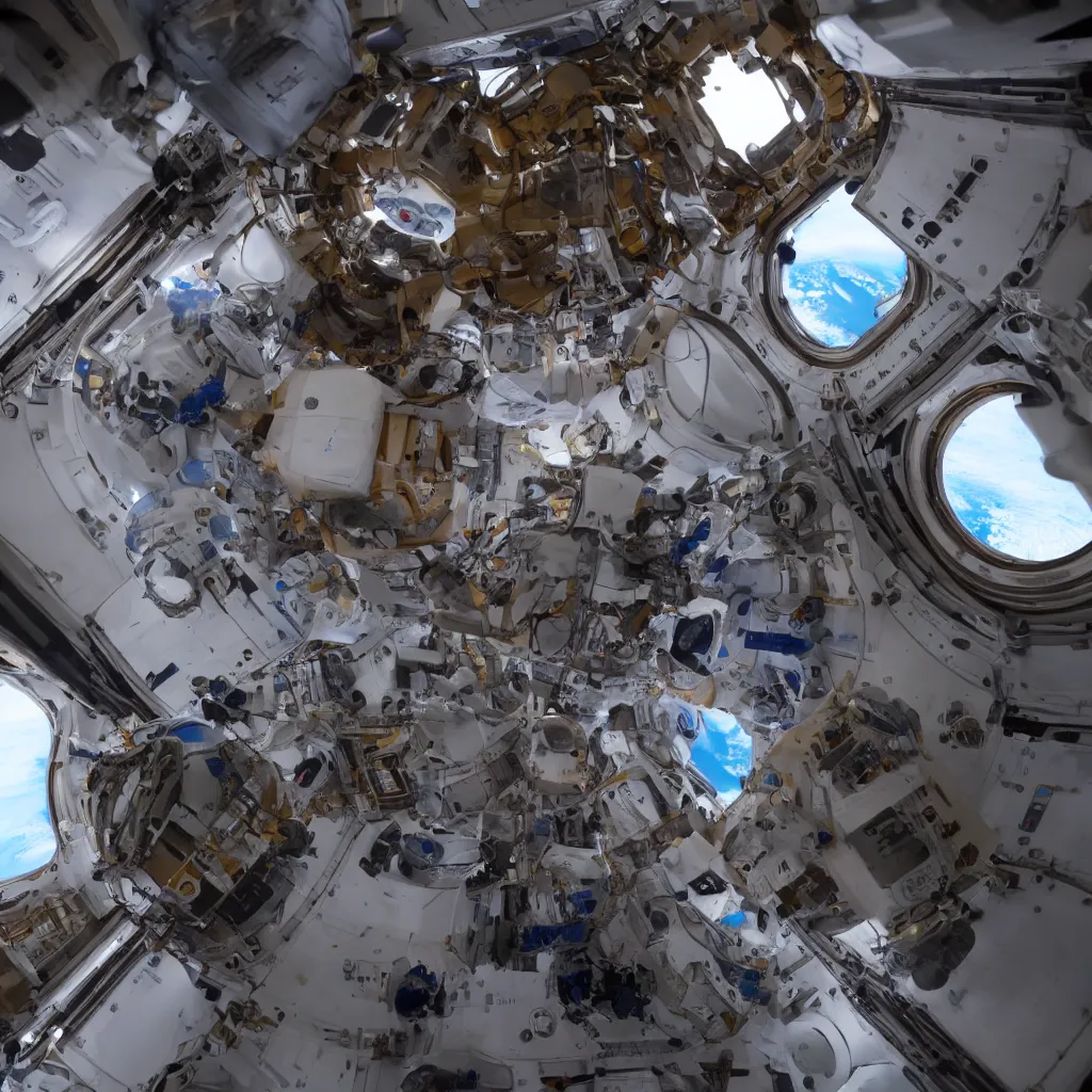 Prompt: Inside the international space station looking out a cupola window to see Mars looming in space. 4K.