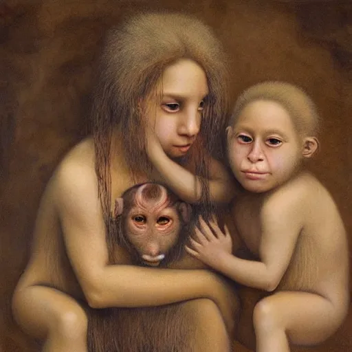 Prompt: a ultradetailed beautiful painting of ( ( ( ( several small monkeys holding a young woman ) ) ) ) by saturno butto, agostino arrivabene, mordecai ardon and chuck close, trending on artstation
