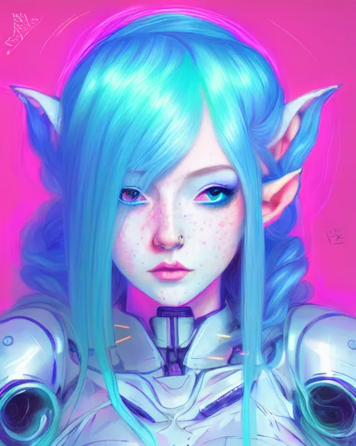 Prompt: art championship winner trending on artstation portrait of a goddess elven mecha warrior princess, head and shoulders, blue hair, matte print, pastel pink neon, cinematic highlights, lighting, digital art, cute freckles, digital painting, fan art, elegant, pixiv, by Ilya Kuvshinov, daily deviation, IAMAG, illustration collection aaaa updated watched premiere edition commission ✨✨✨ whilst watching fabulous artwork \ exactly your latest completed artwork discusses upon featured announces recommend achievement