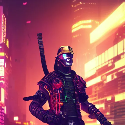 Image similar to cyberpunk samurai, with techware, subject centered in the frame, golden ratio, rule of thirds, volumetric lighting, prismatic neon accents, D&D, intricate, elegant, highly detailed, digital painting, japanese , altered carbon style, trending on artstation, unreal engine 5, octane render, redshift, concept art, art by Artgerm and Greg Rutkowski and Alphonse Mucha