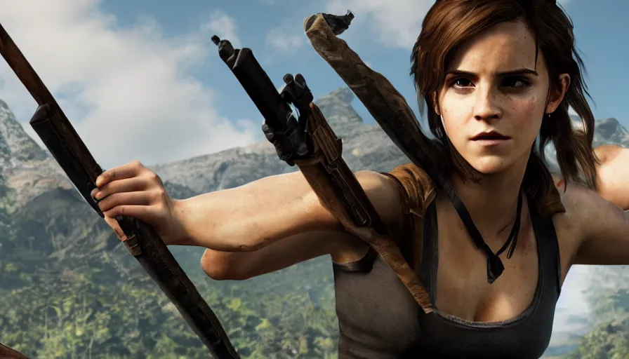 Image similar to emma watson as lara croft in the new videogame, 8 k screenshot closeup