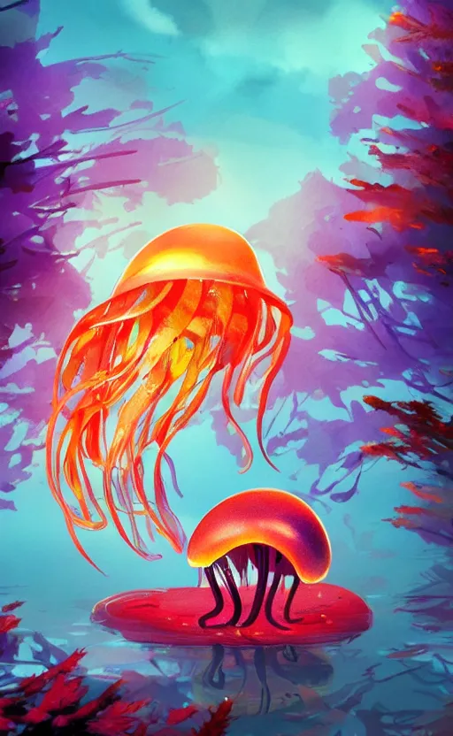 Prompt: jelly fish, autumn light, colorful, smoke, beautiful, by studio ghibli, digital art, concept art, sharp focus, illustration