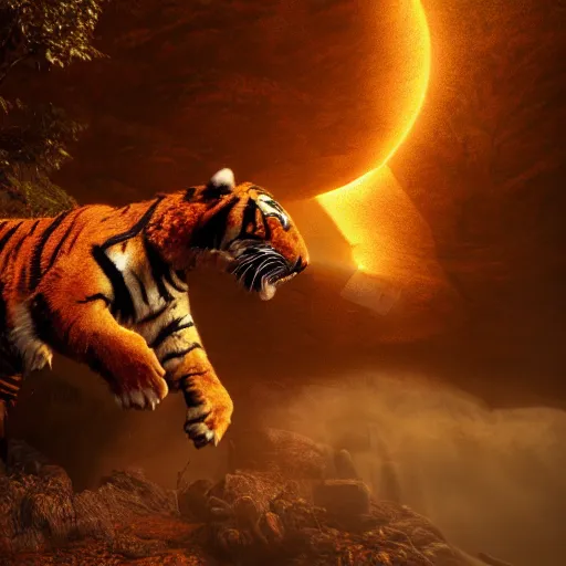 Prompt: a unreal engine scene, tiger of fire flying, full moon, concept art, hyperrealistic, trending on artstation, high quality, highly detailed, path traced, soft lighting, soft colors, digital art, 8 k hdr, octane render, unreal engine 5,