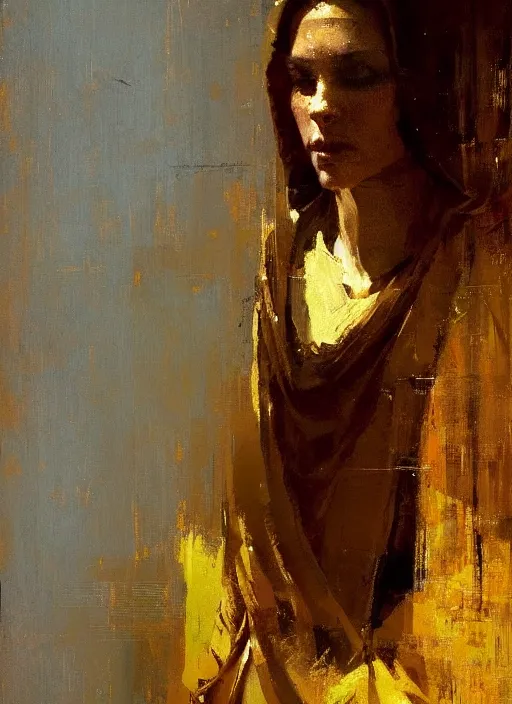 Image similar to portrait of the Virgin Mary wearing golden robes by Jeremy Mann, intricate, warm tones, vivid colors, detailed, stylized, loose brush strokes, looking askance