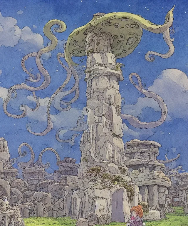 Image similar to a hyperrealist studio ghibli watercolor fantasy concept art. in the foreground is a giant grey octopus building and putting stones in to place on top of stonehenge with a starry sky. by rebecca guay, michael kaluta, charles vess