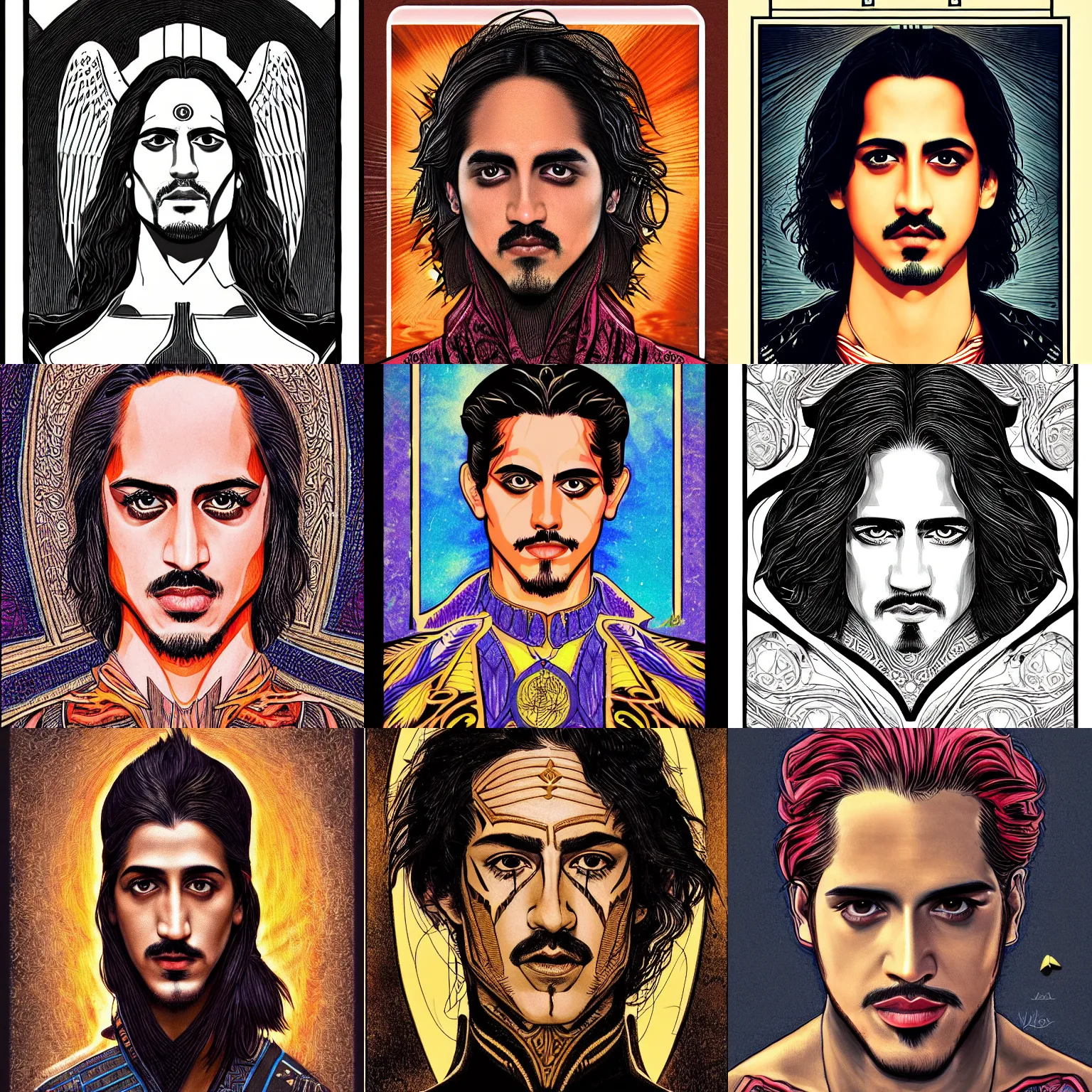 Prompt: head-on symmetrical centered painted portrait, Avan jogia Angel, tarot card style, fantasy, intricate, highly detailed, smooth, sharp focus, illustration, artstation, in the style of Alex Ross