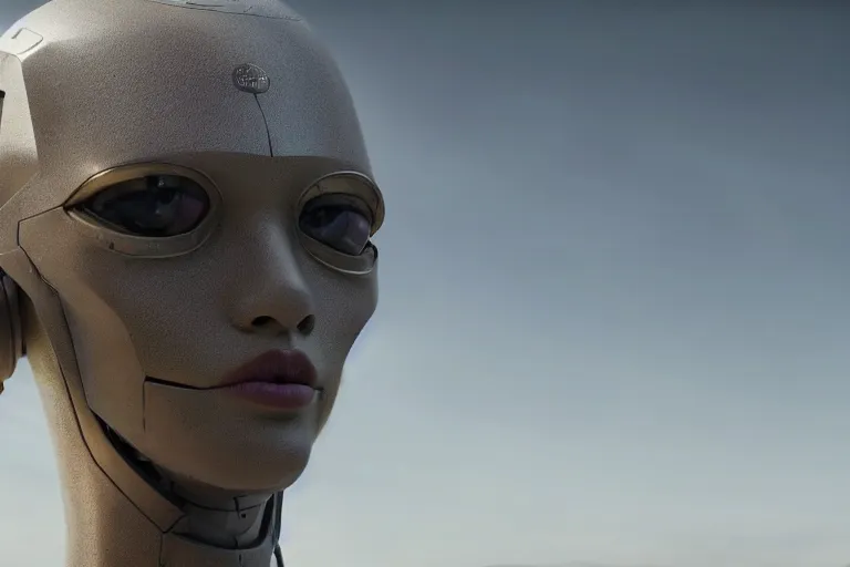 Prompt: VFX movie of a futuristic robot closeup in war zone, natural lighting by Emmanuel Lubezki
