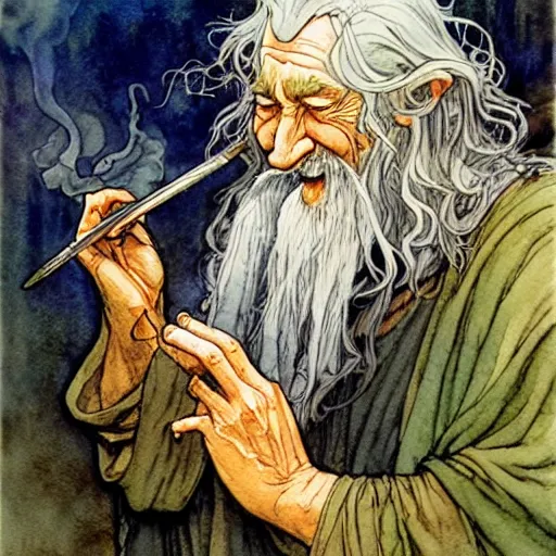 Prompt: a realistic and atmospheric watercolour fantasy character concept art portrait of gandalf with bloodshot eyes giggling and smoking a pipe looking at the camera by rebecca guay, michael kaluta, charles vess and jean moebius giraud