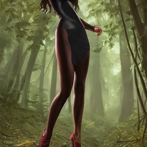 Image similar to full body portrait of a female wearing a skintight dress in a forest, large thighs, perfect face, beautiful! coherent!, intricate, elegant, highly detailed, digital painting, artstation, smooth, sharp focus, illustration, art by artgerm and greg rutkowski and alphonse mucha, 8 k