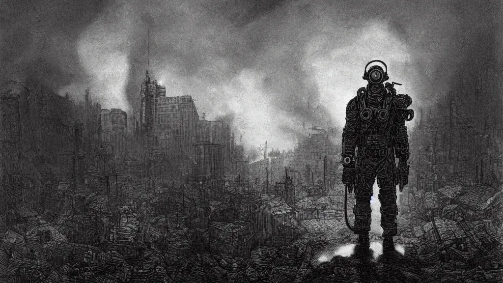 Image similar to Fallout, soldier with a gasmask, dark clouds, fire, burning, dark, eerie, night, dystopian, city, eldritch, illustration by Gustave Doré