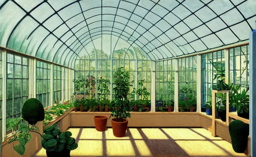 Image similar to an achingly beautiful print of the interior of a modern greenhouse, and one small potted plant by Raphael, Hopper, and Rene Magritte. detailed, romantic, enchanting, trending on artstation.