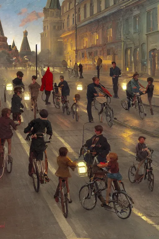 Image similar to schoolchildren go for distillation on flying bicycles, driving at the red light of the traffic light, through the streets of moscow of the future, highly detailed, artstation, illustration, jurgens, rutkowski, bouguereau, canon eos r 3