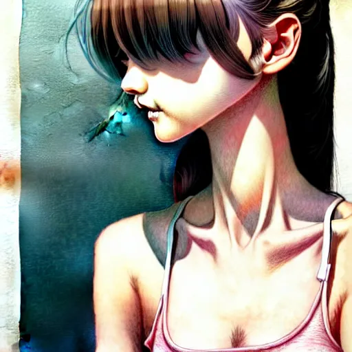 Image similar to richly detailed color  illustration of a dainty pretty young woman wearing a tank top, 'Southern Death Cult' is the theme, very soft shadowing, smooth textures, large scale image. art by Range Murata.